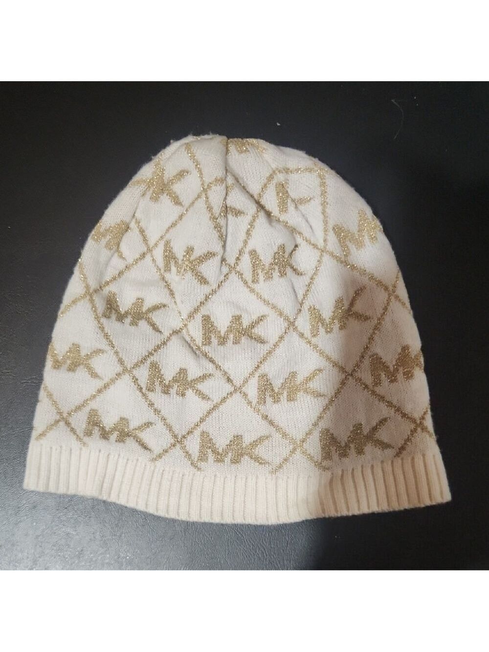 Michael Kors White and Gold Sparkly Monogramed Knit Beanie